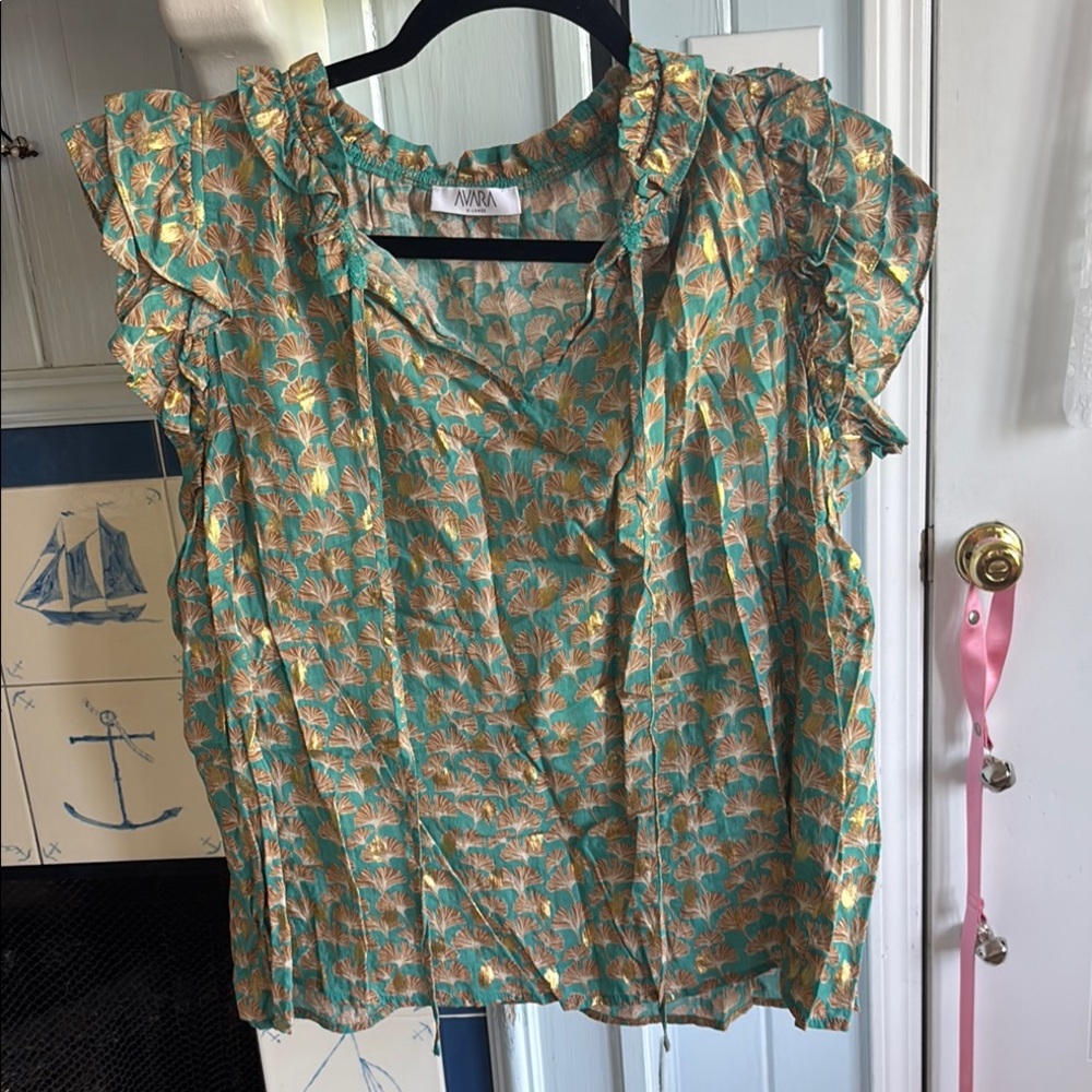 Green and Gold Flutter Sleeve Ruffled Blouse